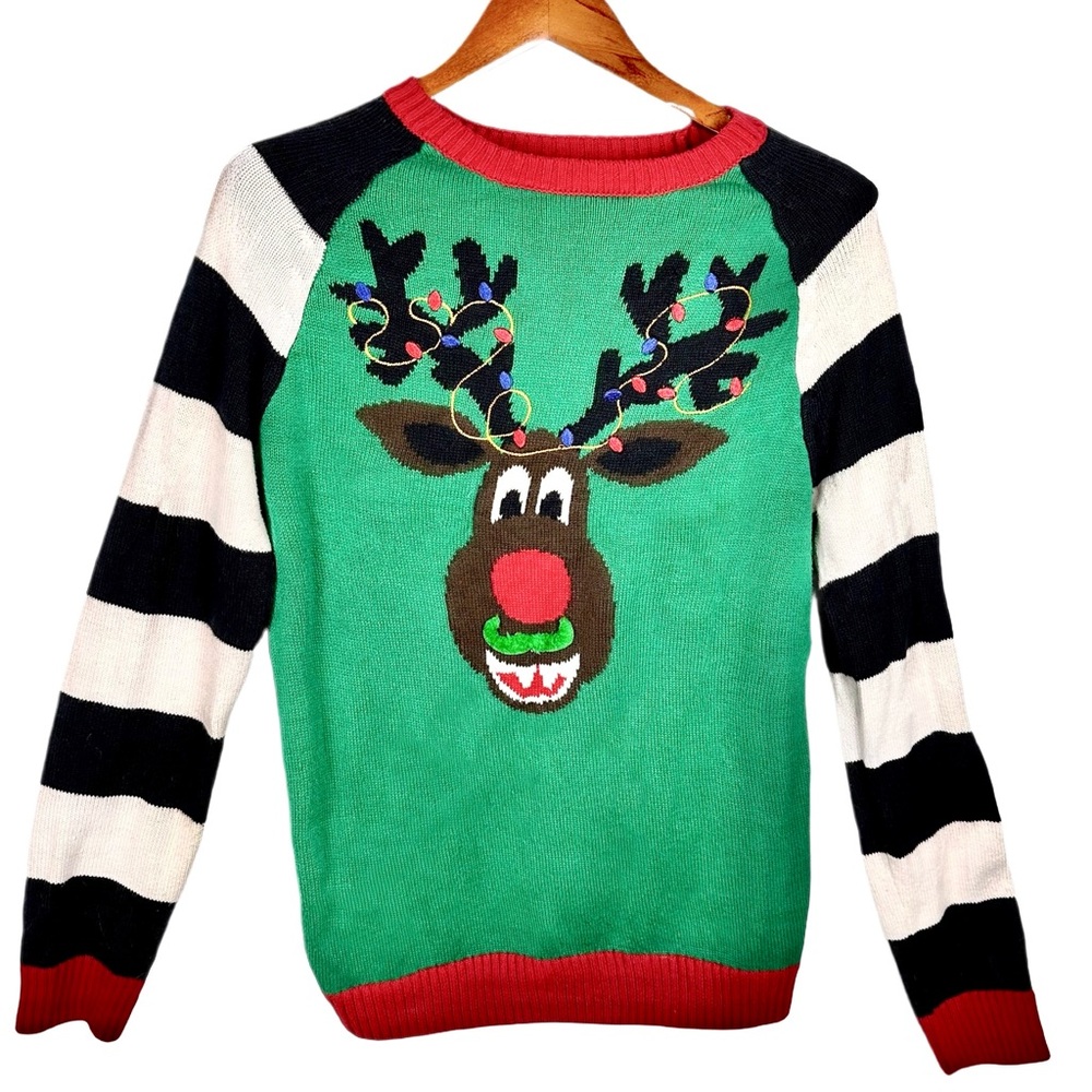 UGLY CHRISTMAS SWEATER Green Women’s Medium Reindeer with Mustache‎ Stripes